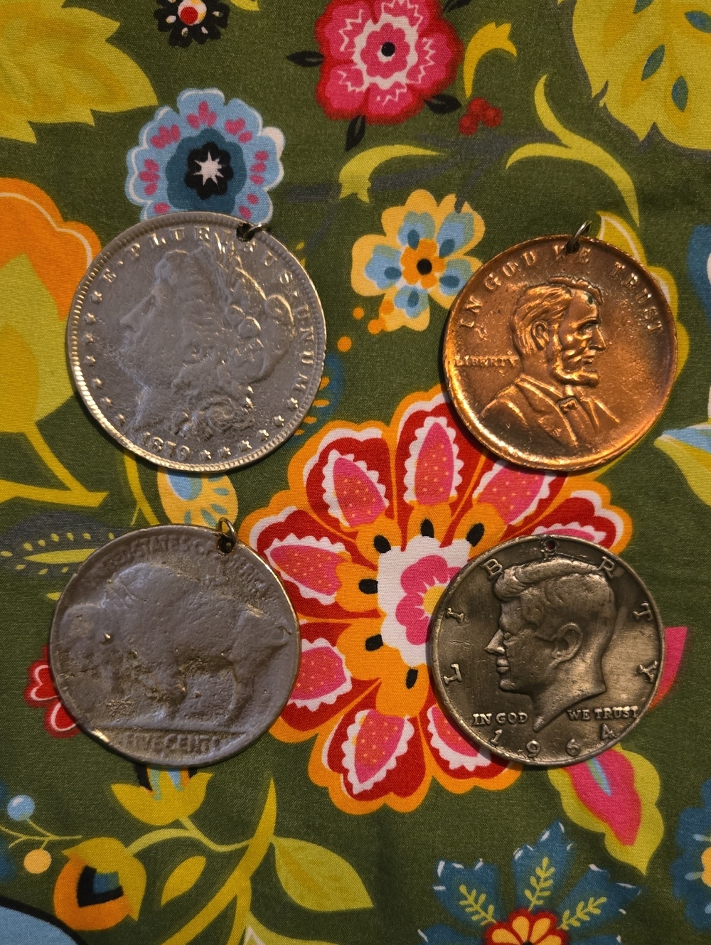 Vintage Mixed Metal Coin Pendant Set - Green, Copper, Silver